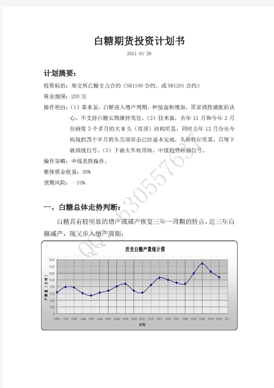 白糖期货投资计划书20110429