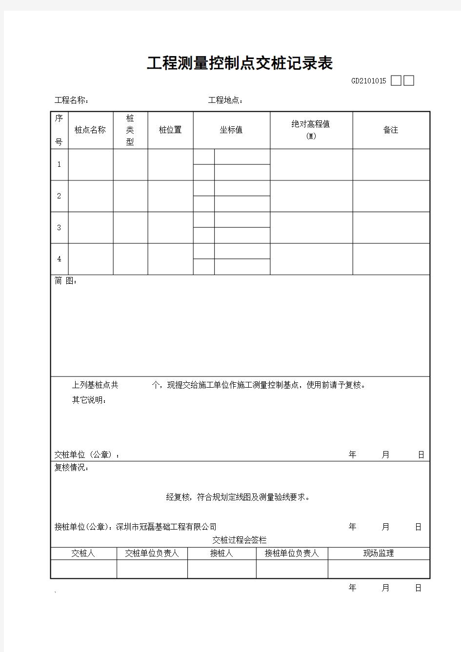 工程测量控制点交桩记录表