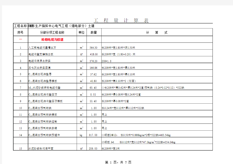 电缆沟工程量计算表(土建)3 (version 1)