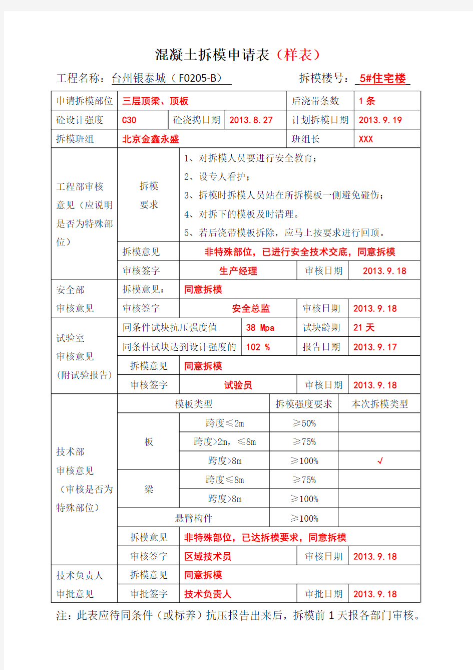 混凝土拆模申请表 -样本