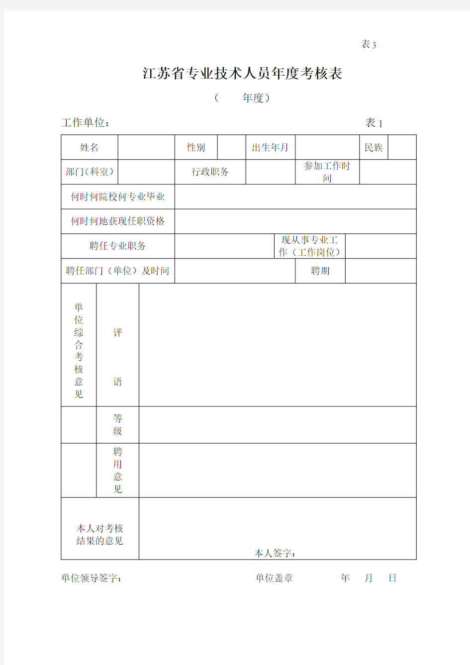 江苏省专业技术人员年度考核表