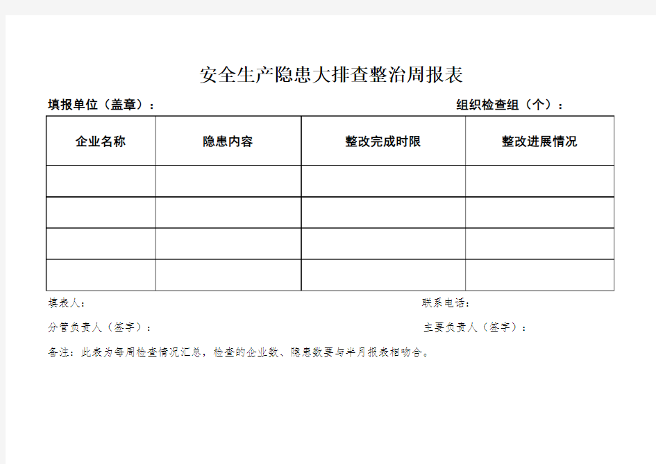 安全生产隐患大排查快整治周报表