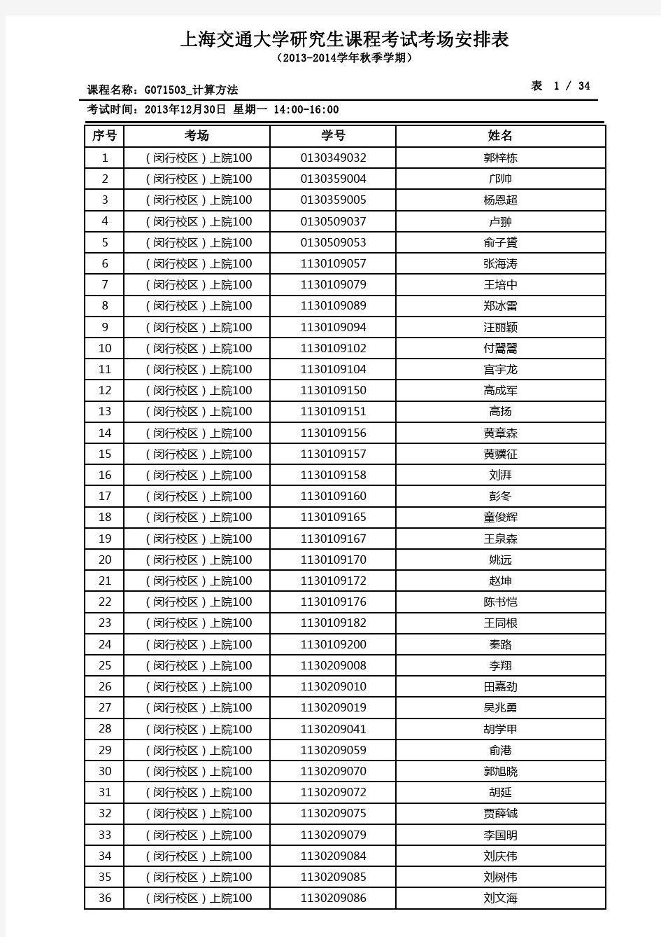 上海交通大学研究生课程考试考场安排表