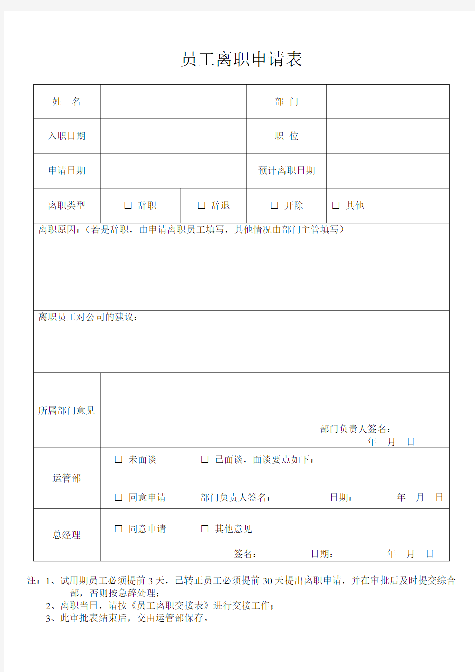 员工离职申请表必备模板