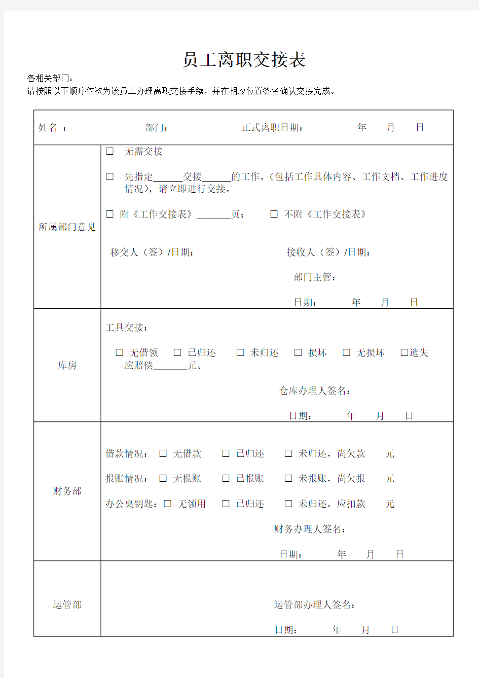 员工离职申请表必备模板