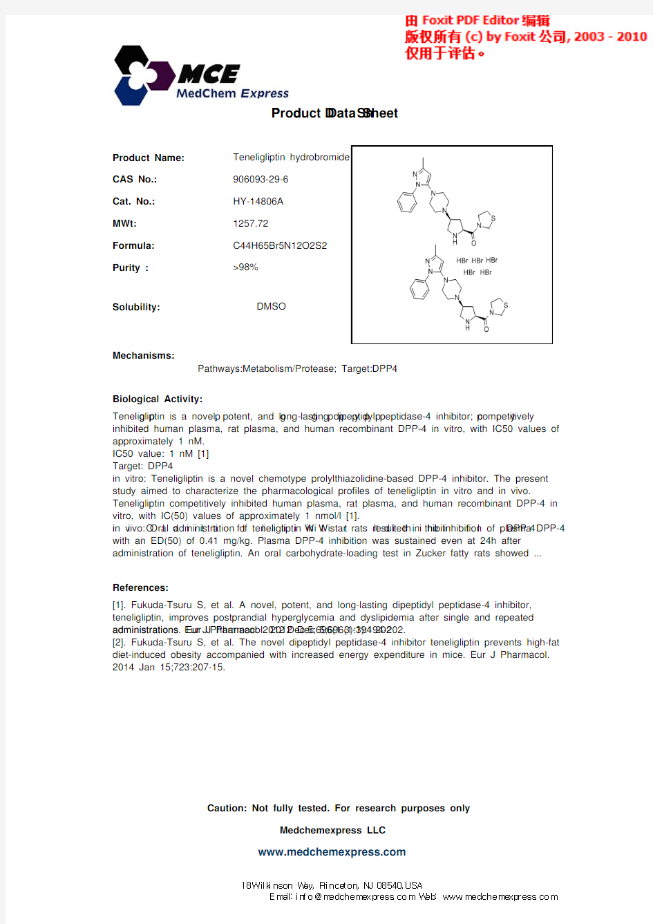 Teneligliptin hydrobromide_906093-29-6_DataSheet_MedChemExpress