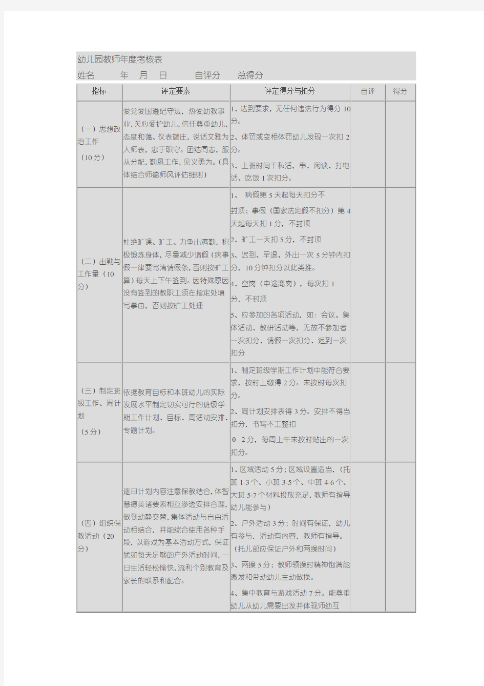 幼儿园教师年度考核表17798