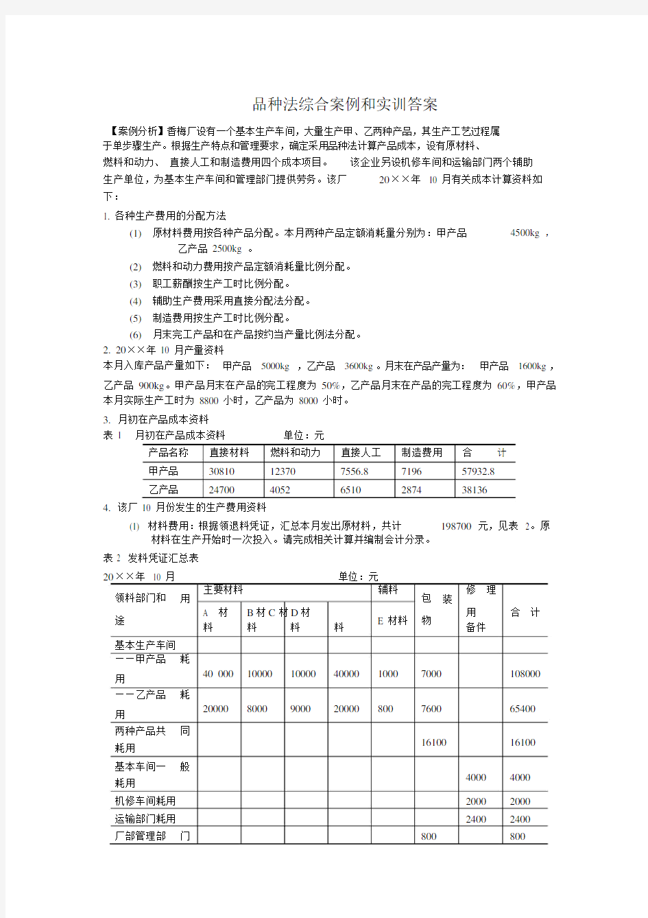 品种法综合案例和实训答案