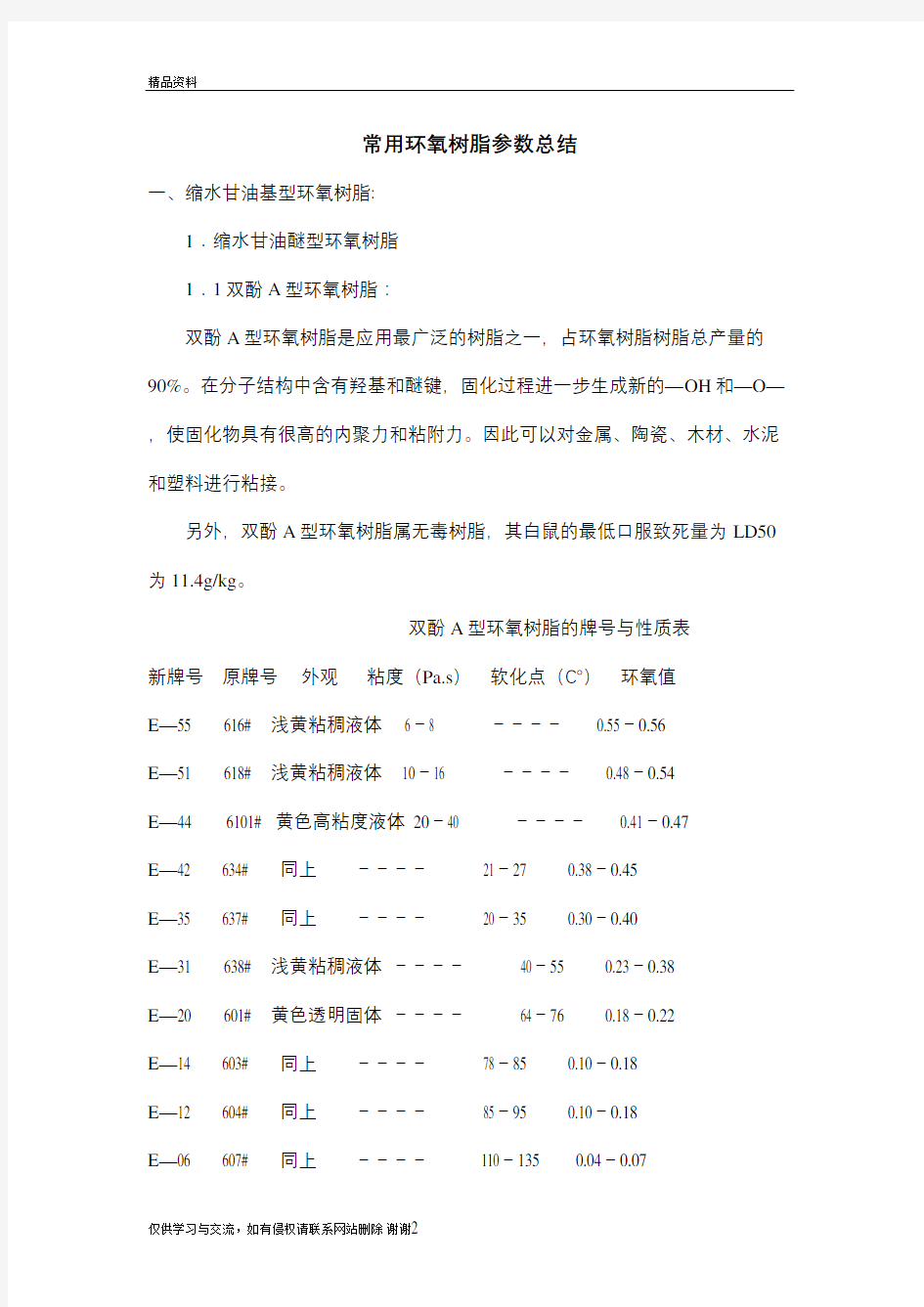 常用环氧树脂参数总结演示教学