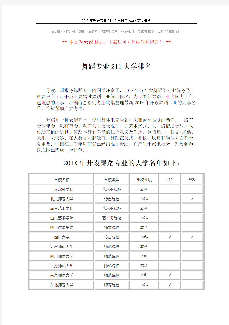 2019年舞蹈专业211大学排名-word范文模板 (6页)