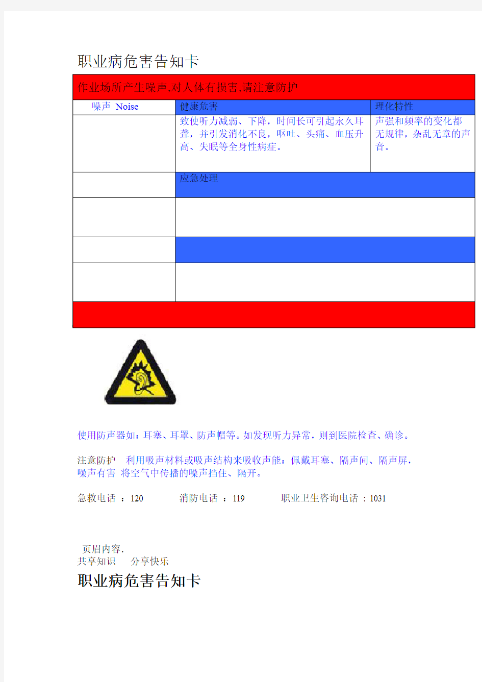 职业病危害告知卡全套