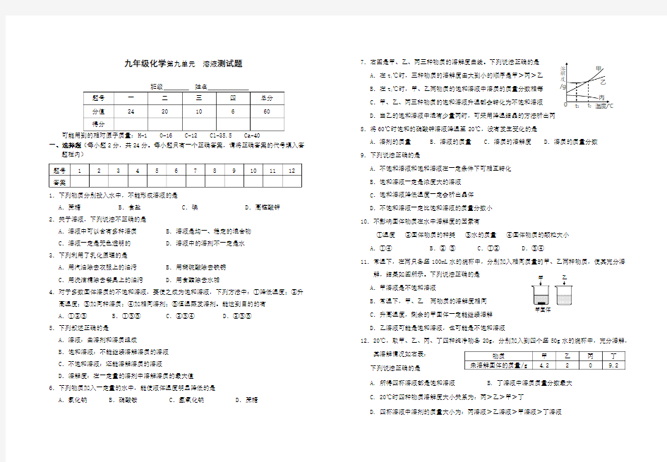 九年级化学溶液测试题