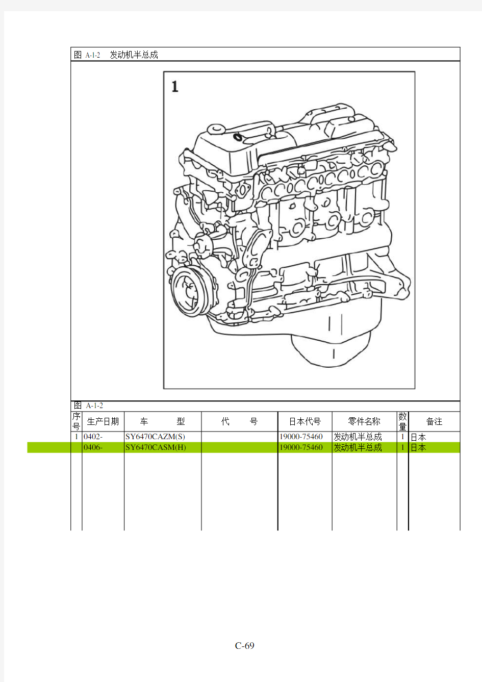阁瑞斯零部件图册 发动机 图 A-1-2   发动机半总成