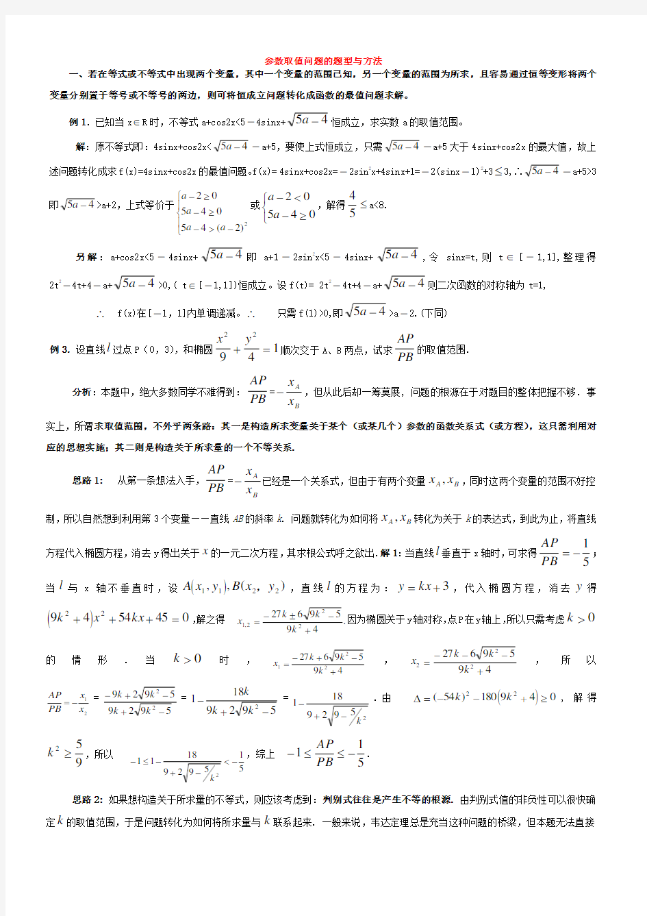 高中数学求参数取值范围题型与方法总结归纳