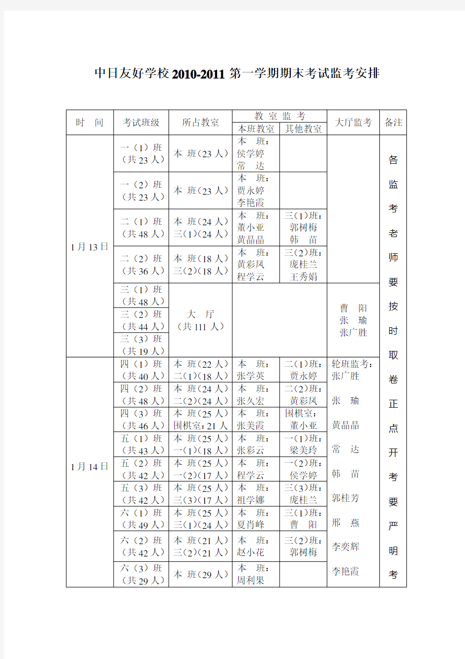 小学期末考试安排表