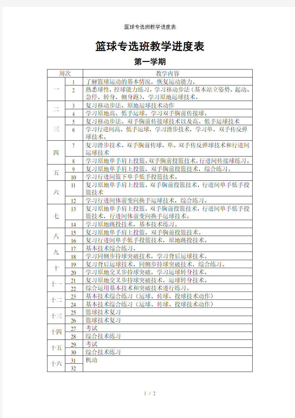 篮球专选班教学进度表