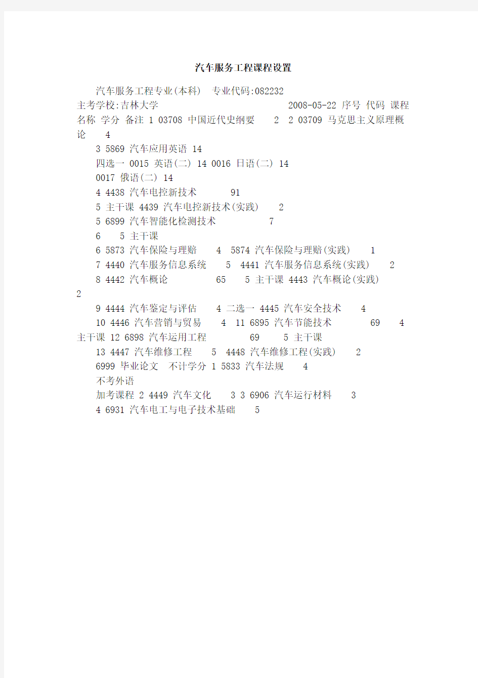 汽车服务工程课程设置