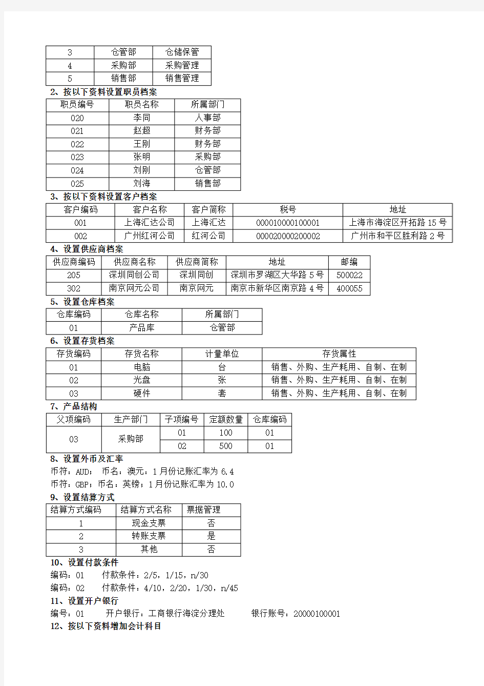 会计电算化实操练习题