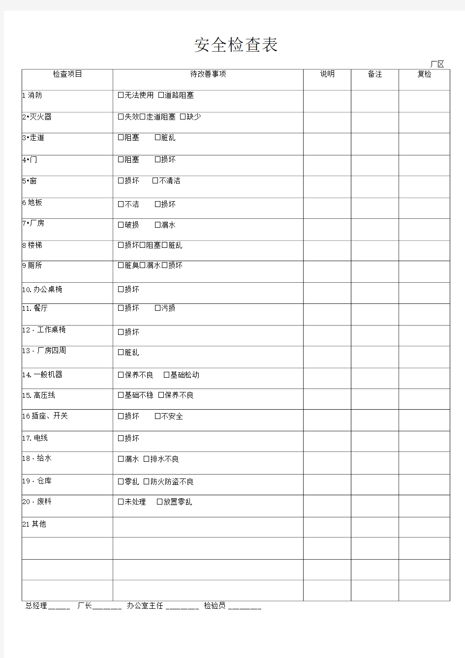 安全检查表通用模板