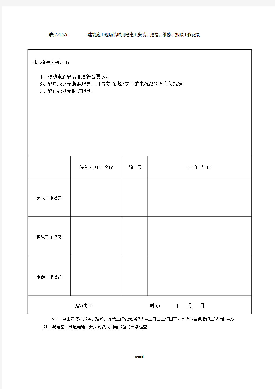 电工安装、巡检、维修、拆除工作记录(精选.)