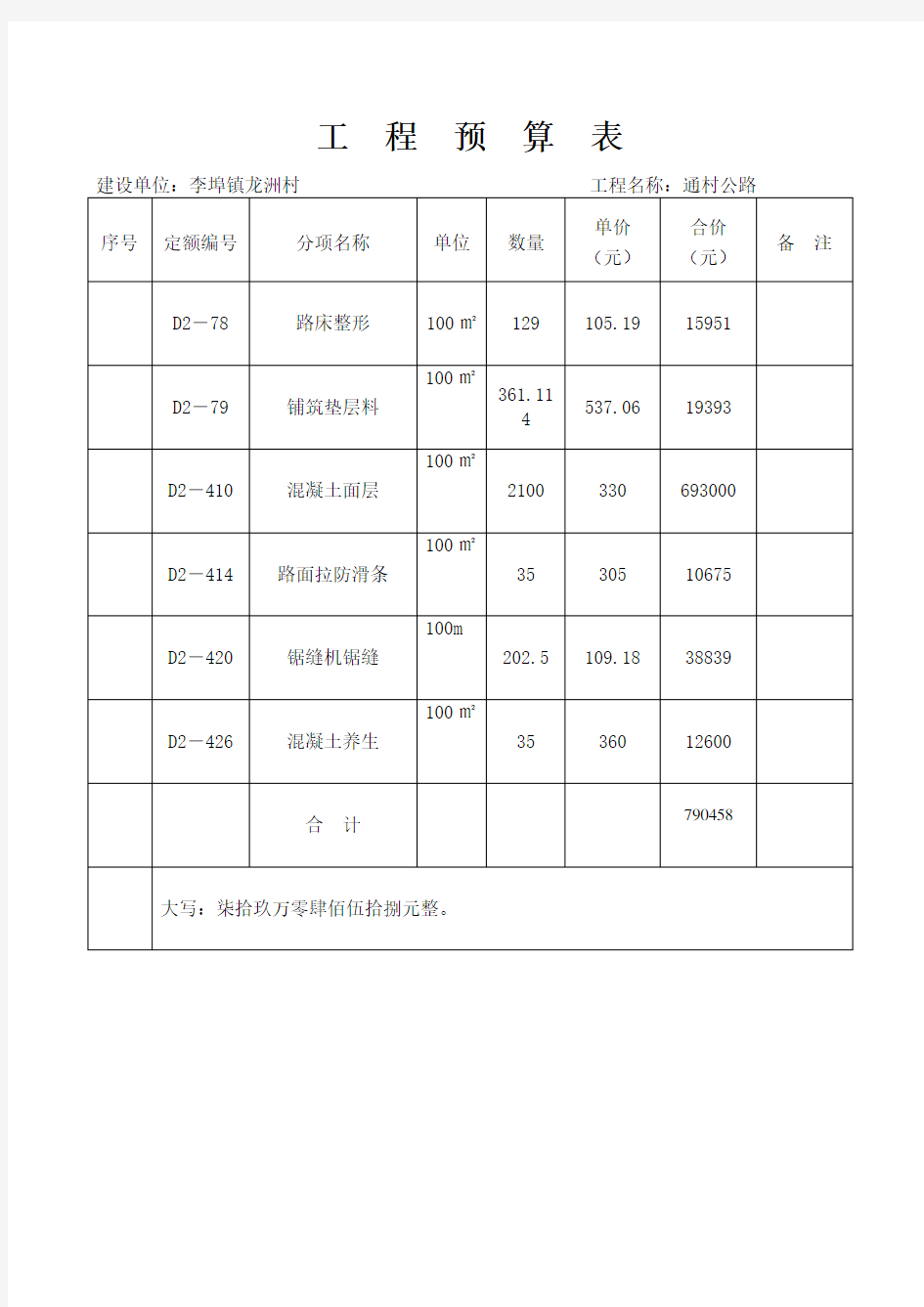 村公路工程预算表