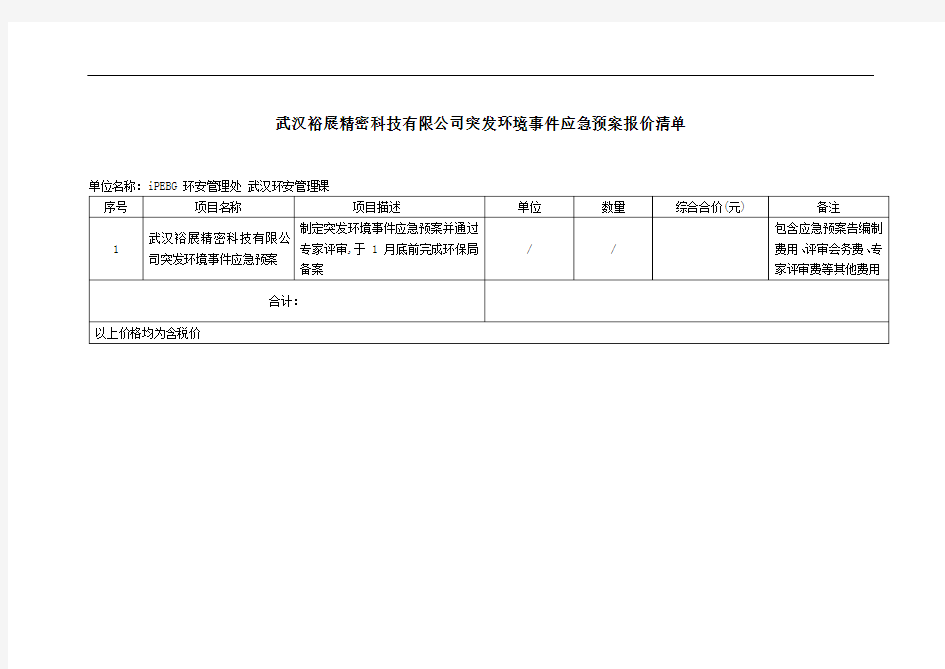 武汉裕展精密科技有限公司突发环境事件应急预案报价清单【模板】