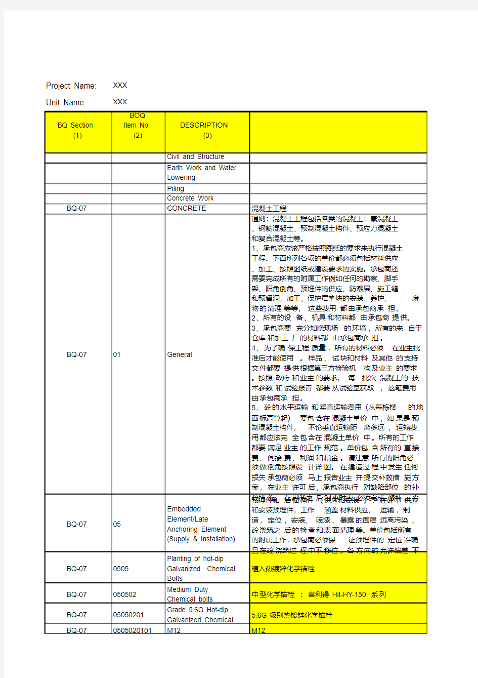 外资项目工程量清单报价——中英文对照