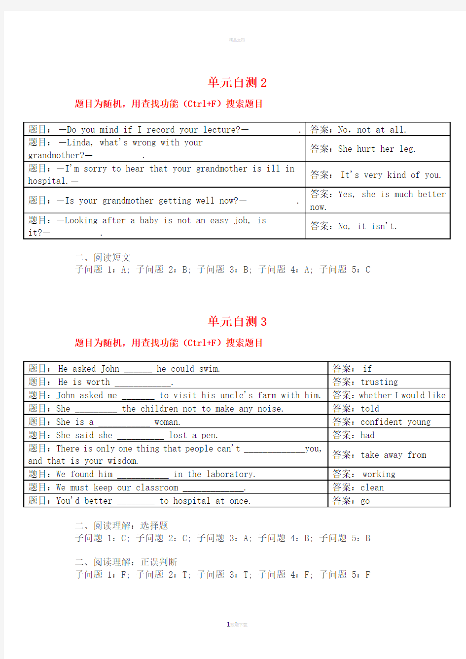 2018国开网人文英语3答案(单元自测2-8)