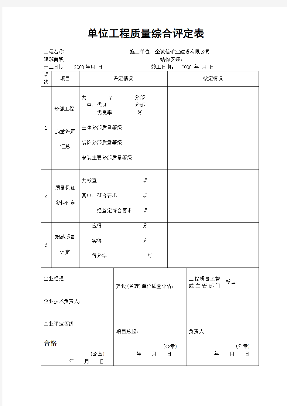 单位工程质量综合评定表