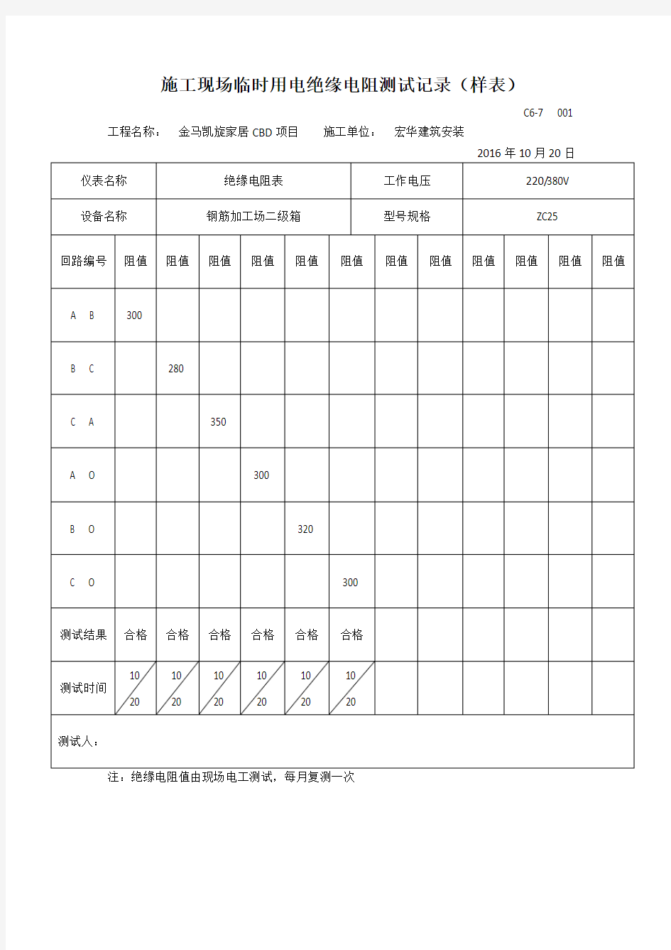 施工现场临时用电绝缘电阻测试记录文本