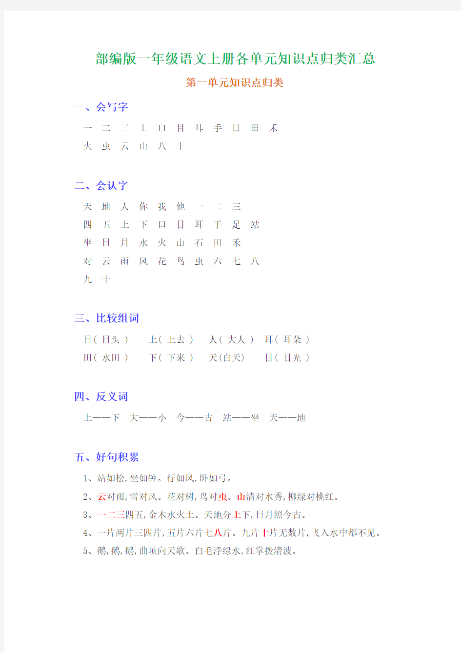 一年级语文上册知识点大全