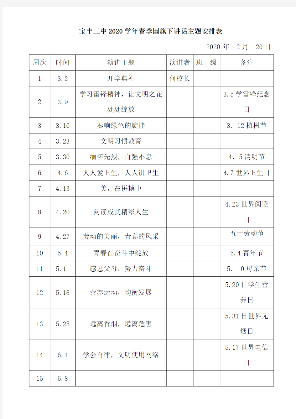 2020春季国旗下讲话主题安排