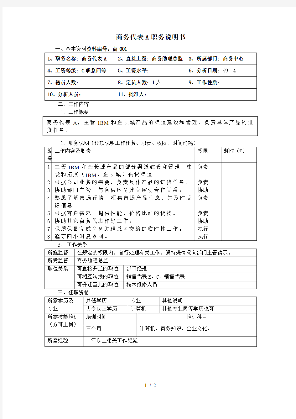 商务代表a职务说明书