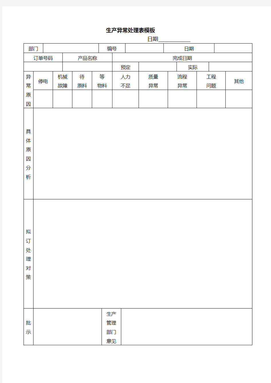 生产异常处理表模板