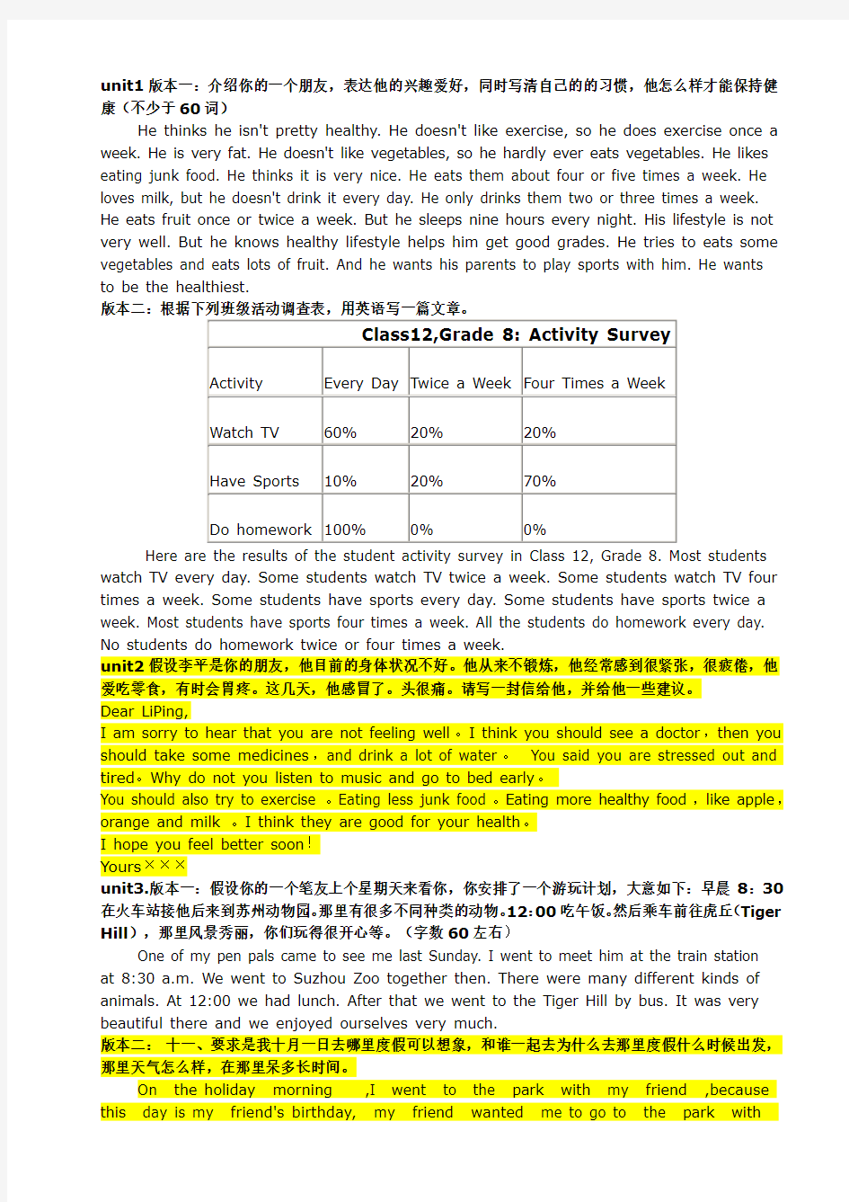 人教版八年级英语作文(上册)范文