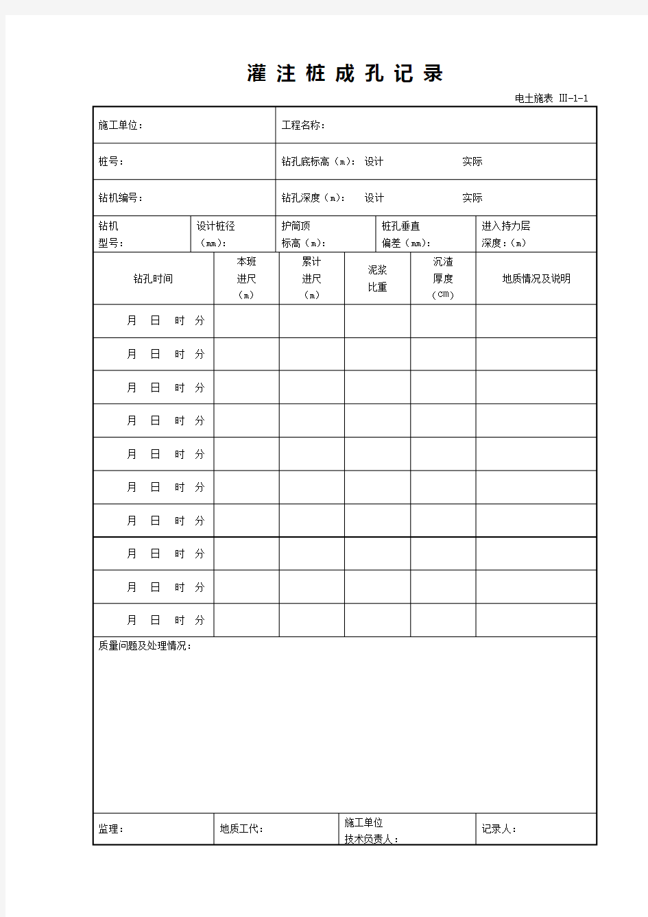 旋挖灌注桩钻孔记录、浇筑记录、隐蔽记录