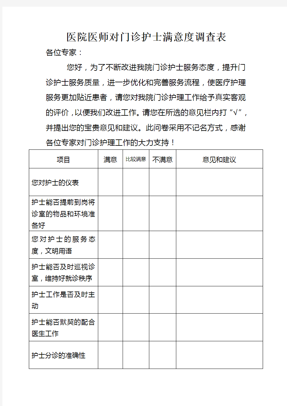 医院医师对门诊护士满意度调查表