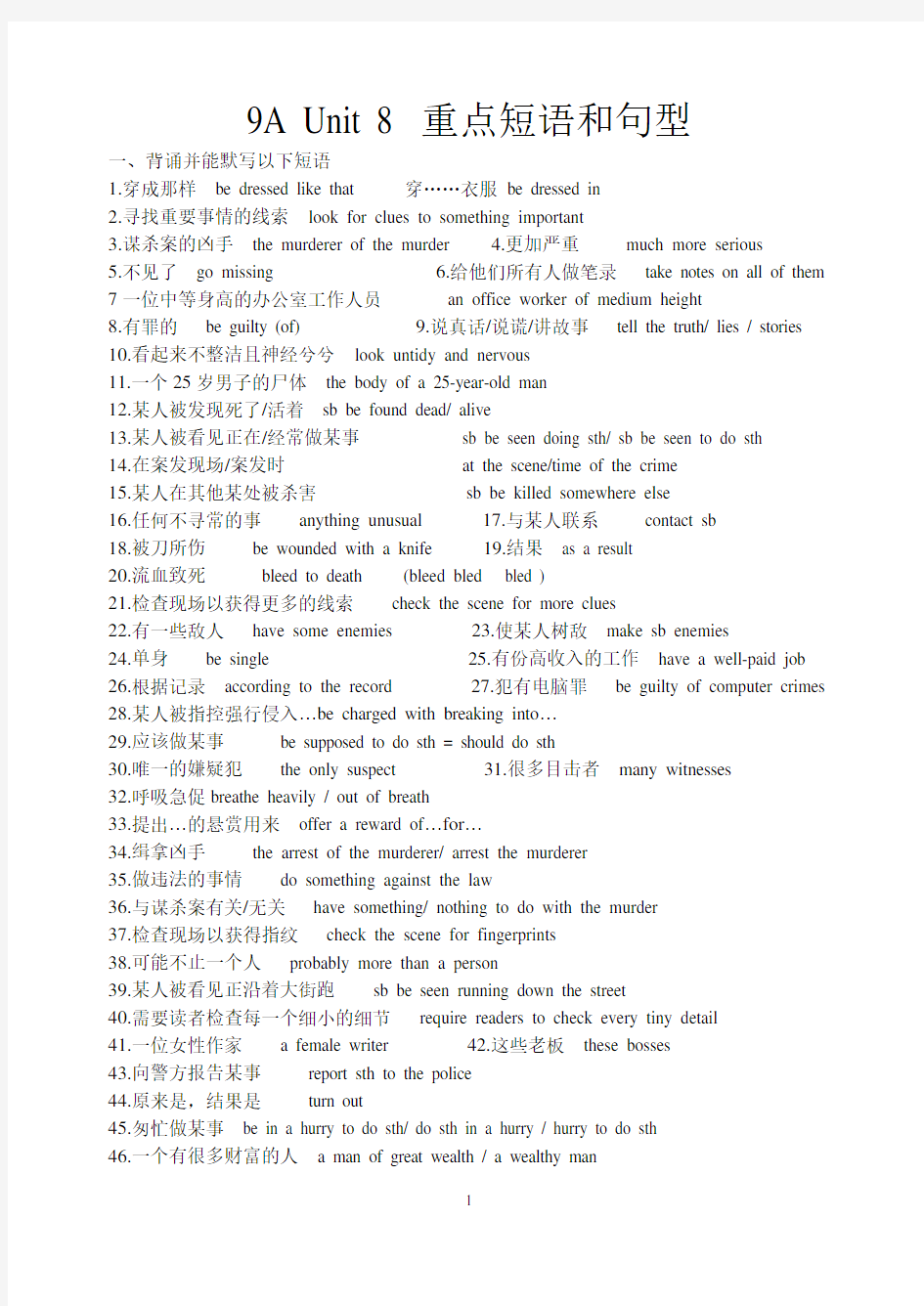 牛津译林版英语9A Unit8 重点短语句子  新