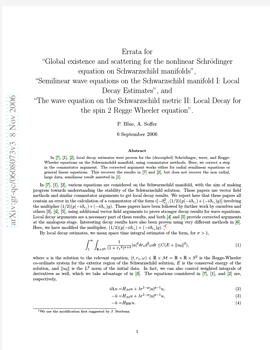 Errata for ``Global existence and scattering for the nonlinear Schrodinger equation on Schw