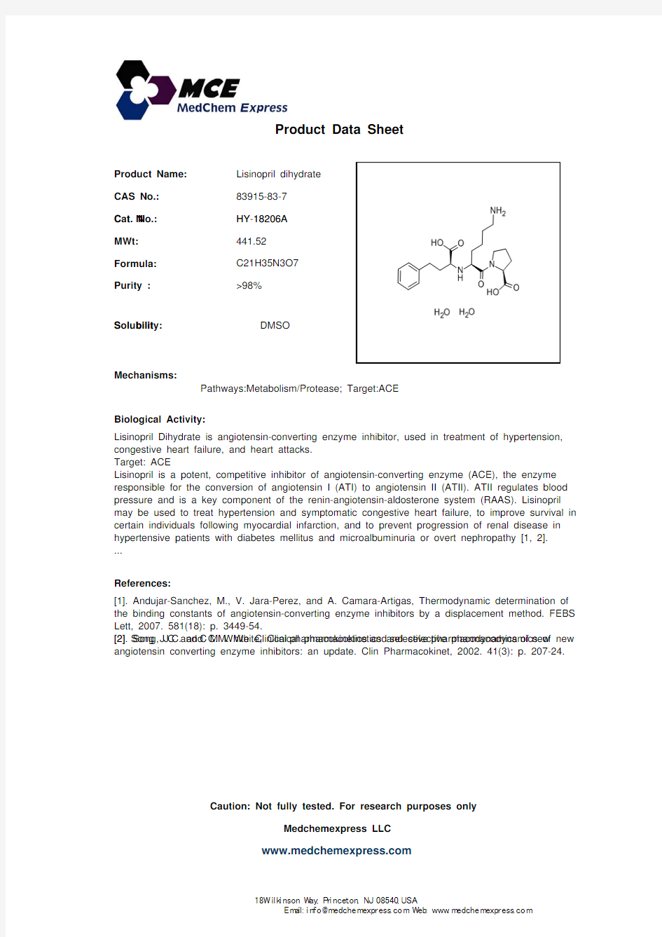 Lisinopril dihydrate_83915-83-7_DataSheet_MedChemExpress