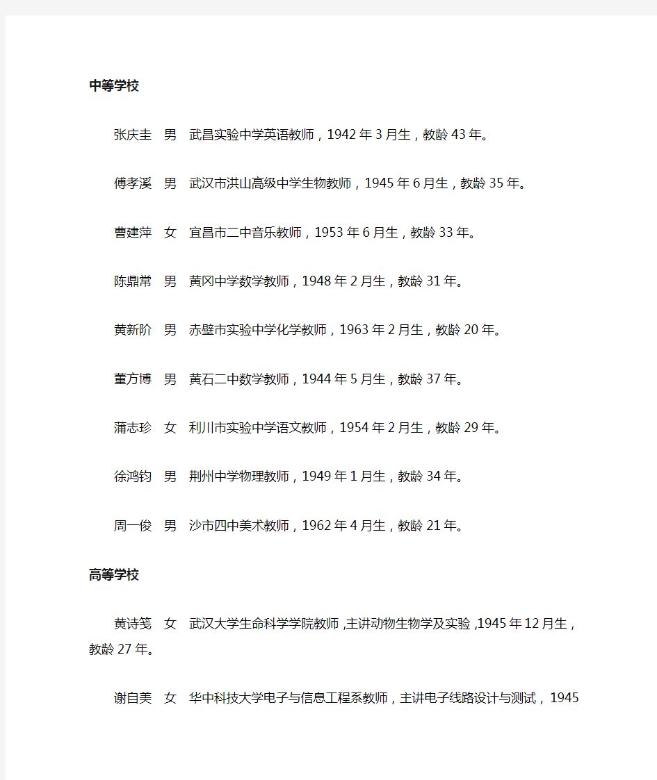 2003年至2014年度湖北名师名单(仙桃共4人)