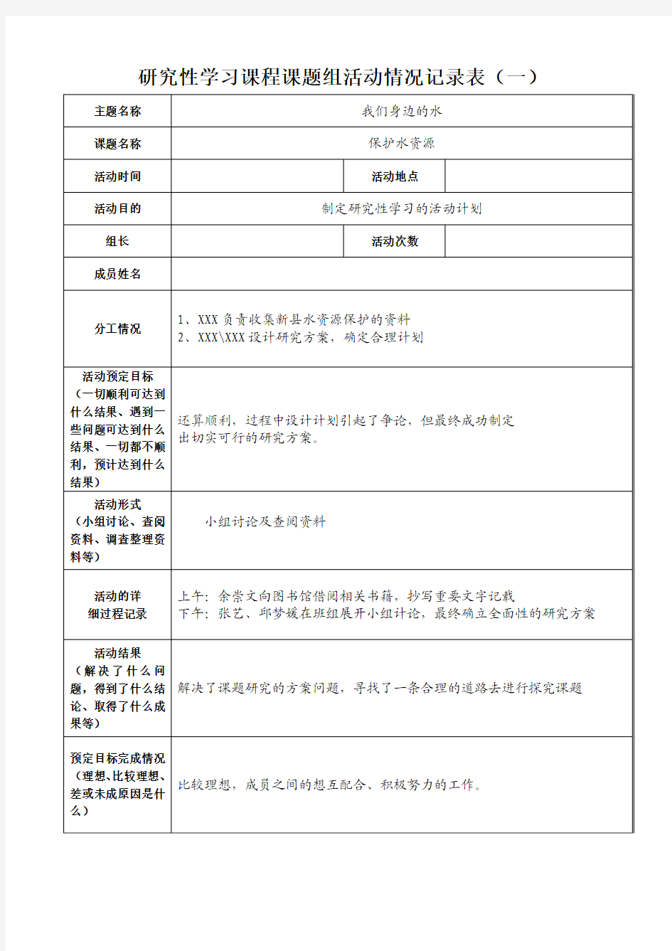 研究性学习课程课题组活动情况记录表