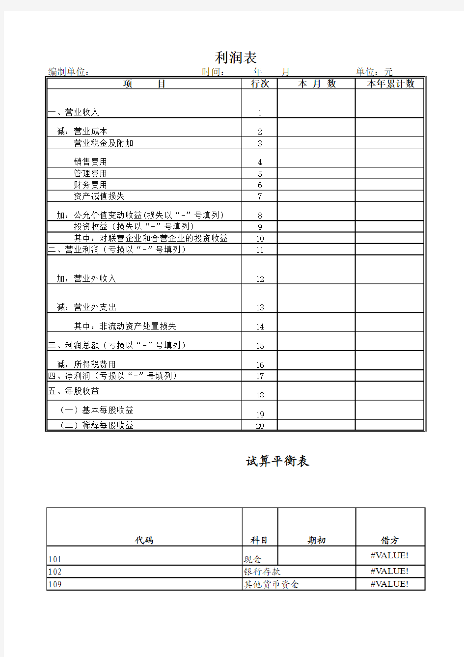 会计 Excel表格(利润表、试算平衡表、资产负债表)