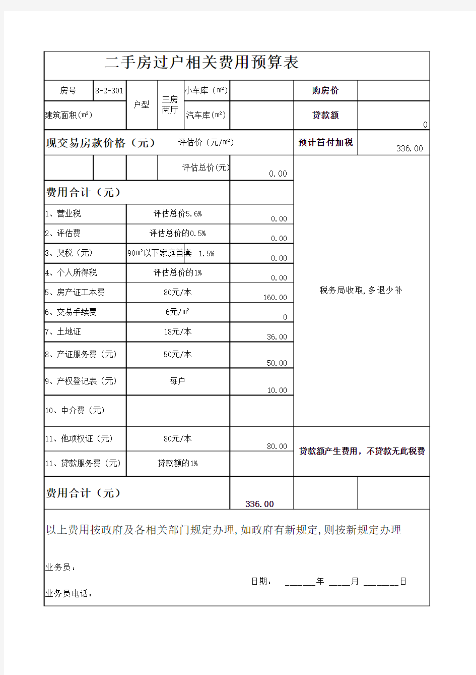 二手房税费计算(业务员版)表