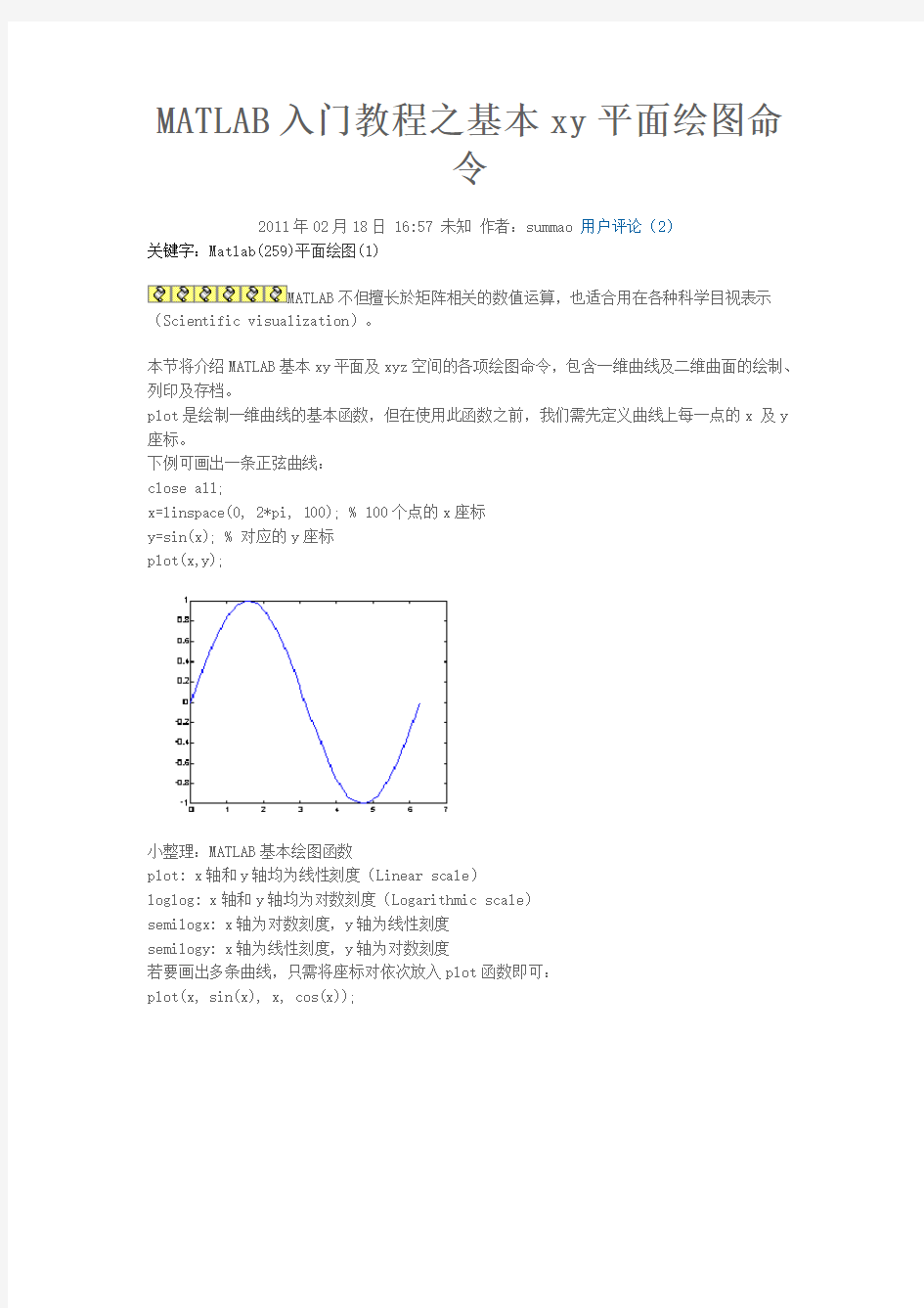 MATLAB入门教程之基本xy平面绘图命令