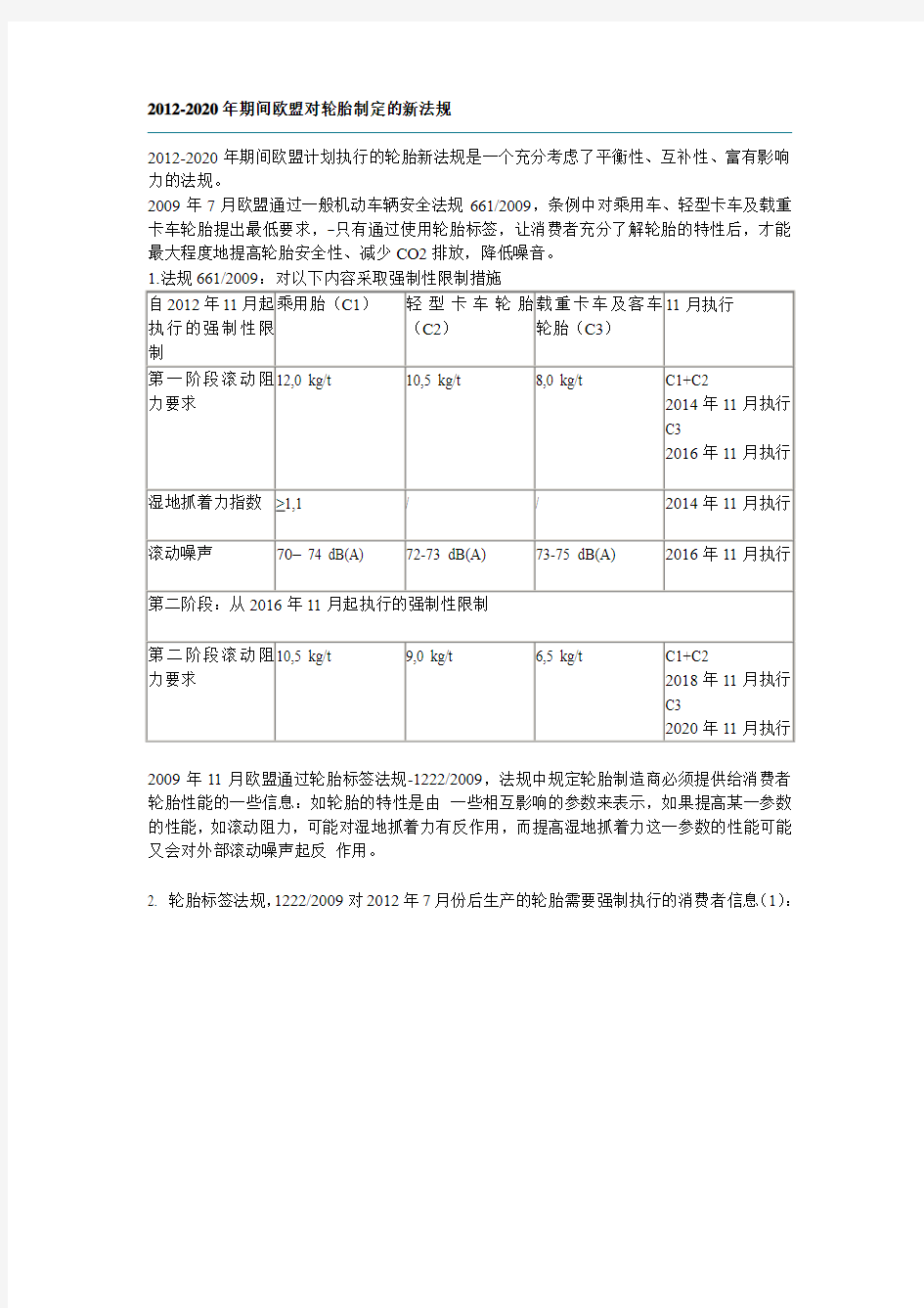 2012-2020年期间欧盟对轮胎制定的新法规