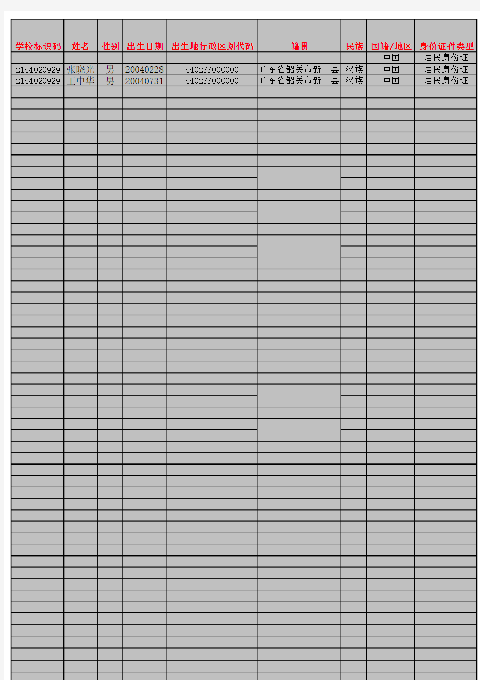 全国学籍系统学生信息模板