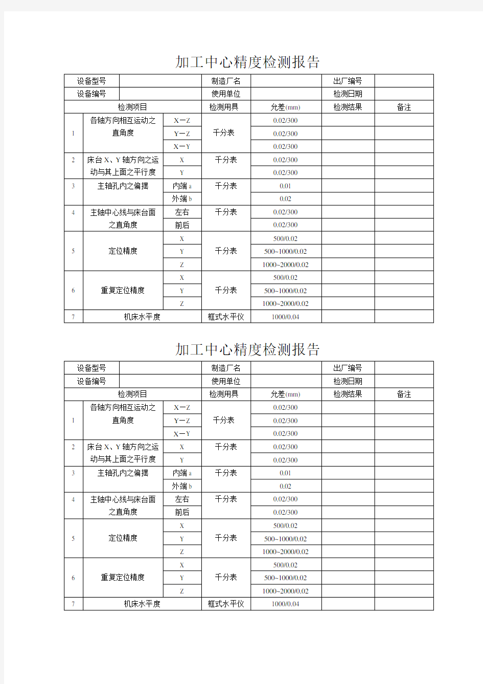 加工中心精度检测报告