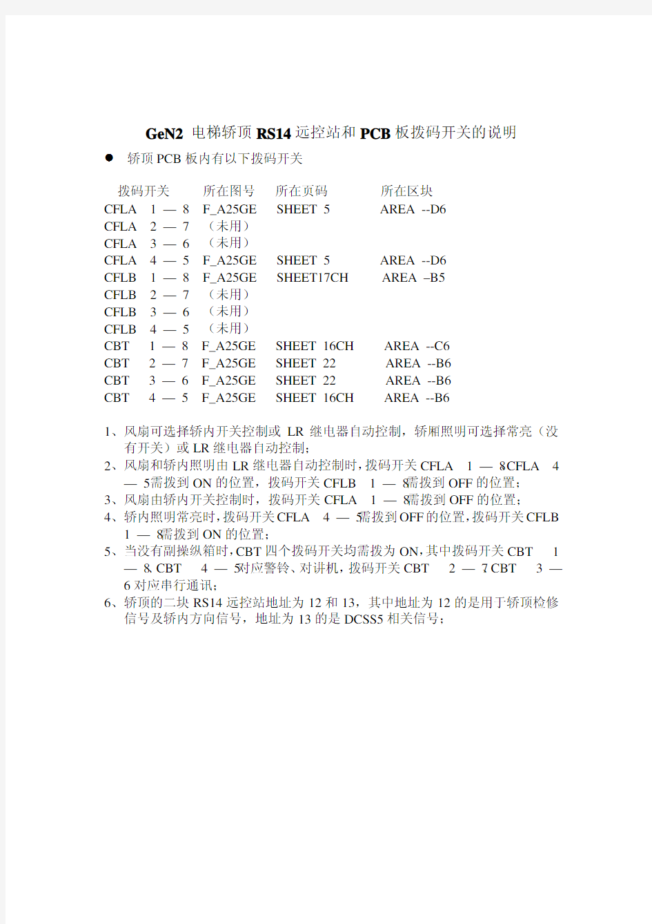 GeN2 电梯轿顶RS14远控站和PCB板拨码开关的说明