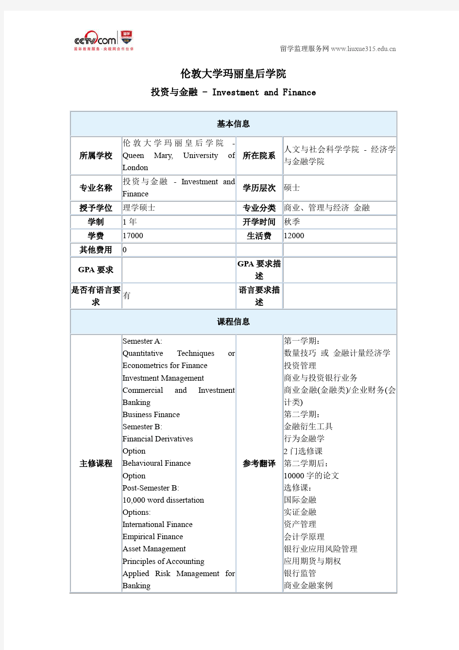 伦敦大学玛丽皇后学院投资与金融硕士